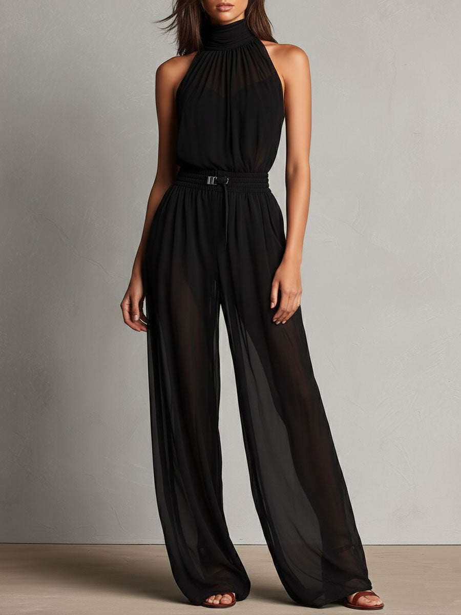 Elegant High Neck Black Sheer Halter Wide-Leg Jumpsuit