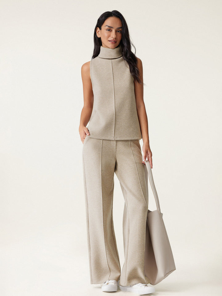 2Pcs Set Regular Split Hem Top & High Waisted Warm Straight Leg Pull On Pant