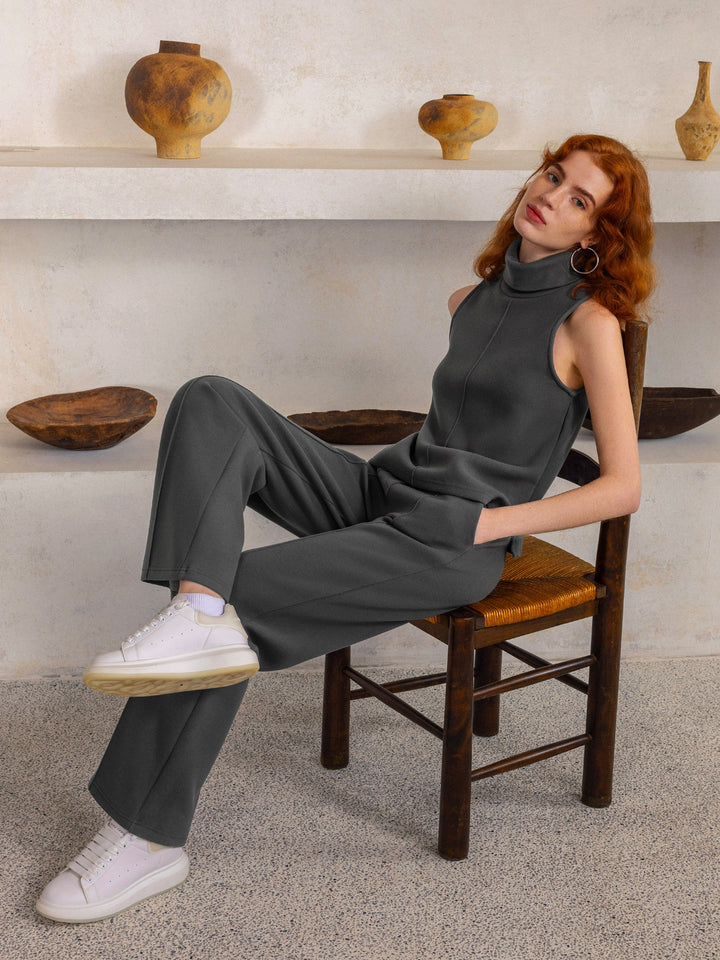 2Pcs Set Regular Split Hem Top & High Waisted Warm Straight Leg Pull On Pant