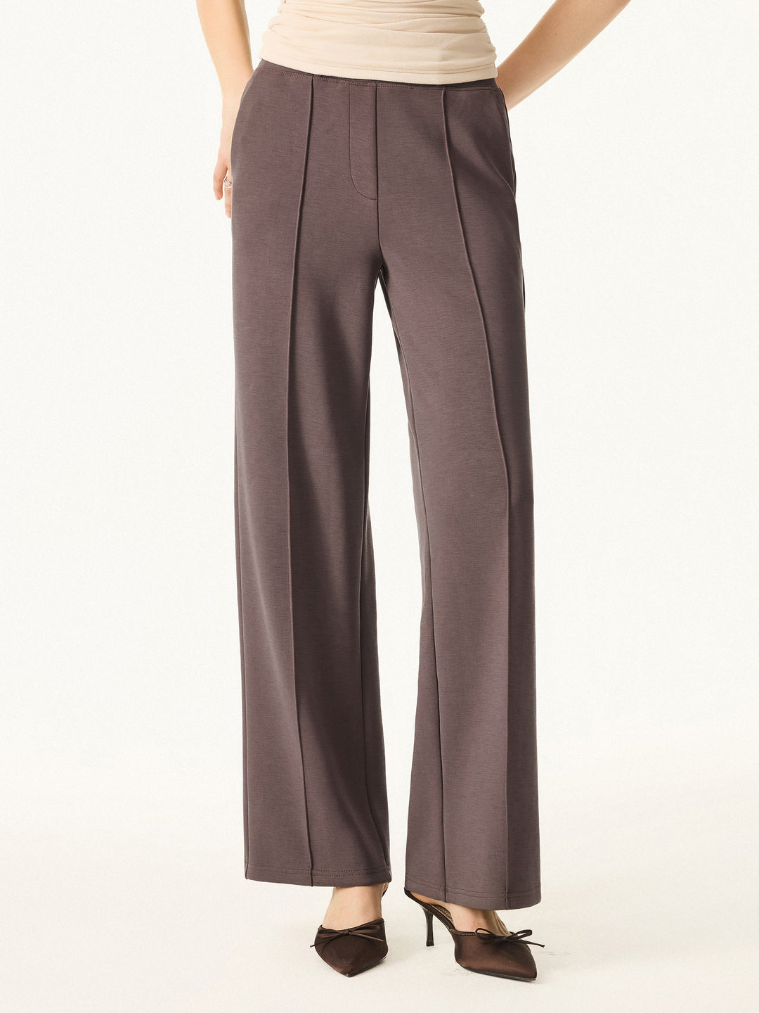2Pcs Set Mockneck Pullover Shirt & Mid Rise Straight Leg Pants with Pockets