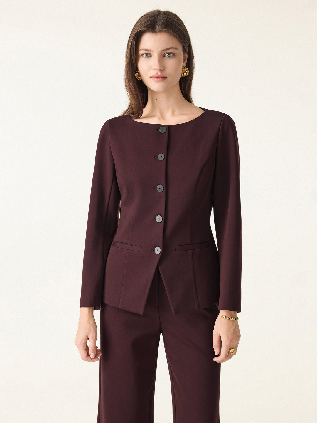 Ponte Office Round Neck Long Sleeve Jacket with Pockets