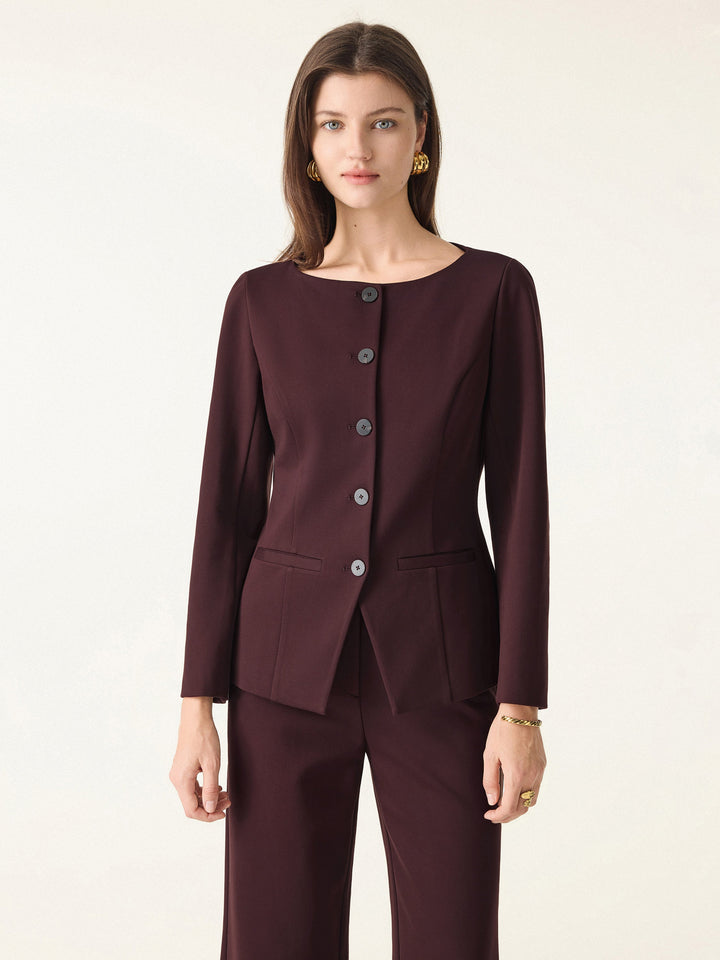 Ponte Office Round Neck Long Sleeve Jacket with Pockets