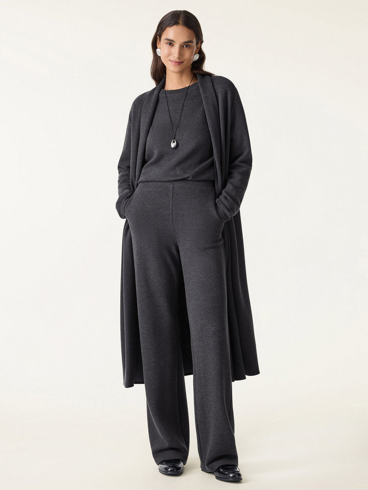 3Pcs Set Long Sleeve Midi Cardigan with Pockets & Boatneck Long Sleeve Top & Wide-Leg Pants with Pockets
