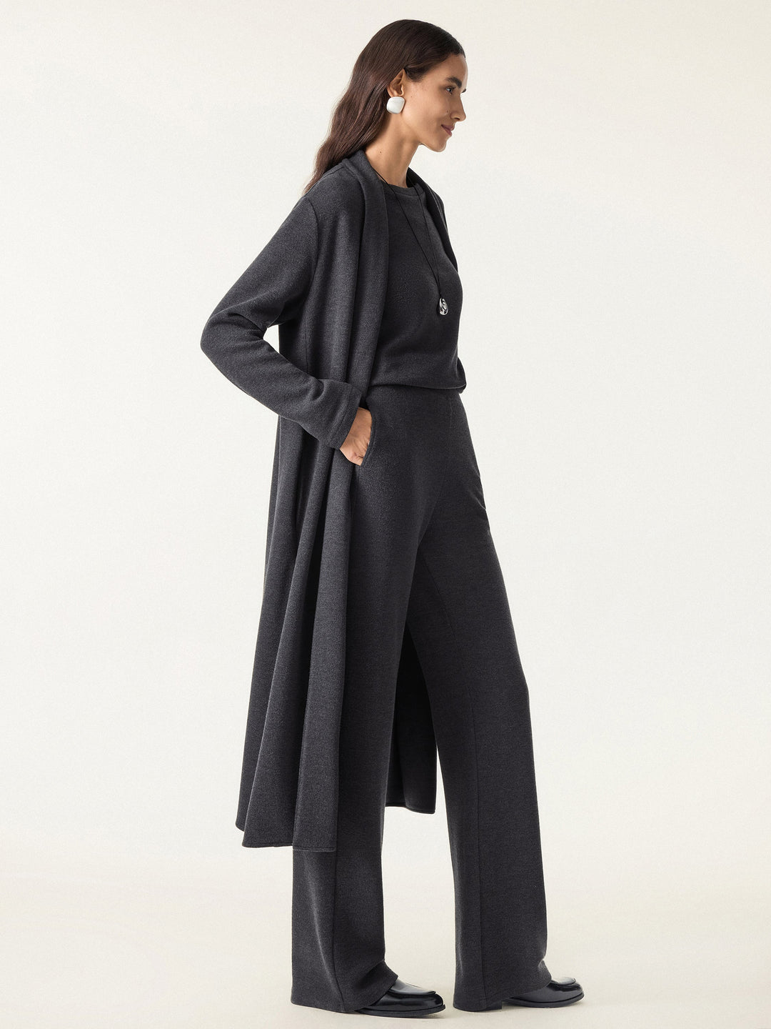 3Pcs Set Long Sleeve Midi Cardigan with Pockets & Boatneck Long Sleeve Top & Wide-Leg Pants with Pockets — women's women > bundles&sets > bundles, front view