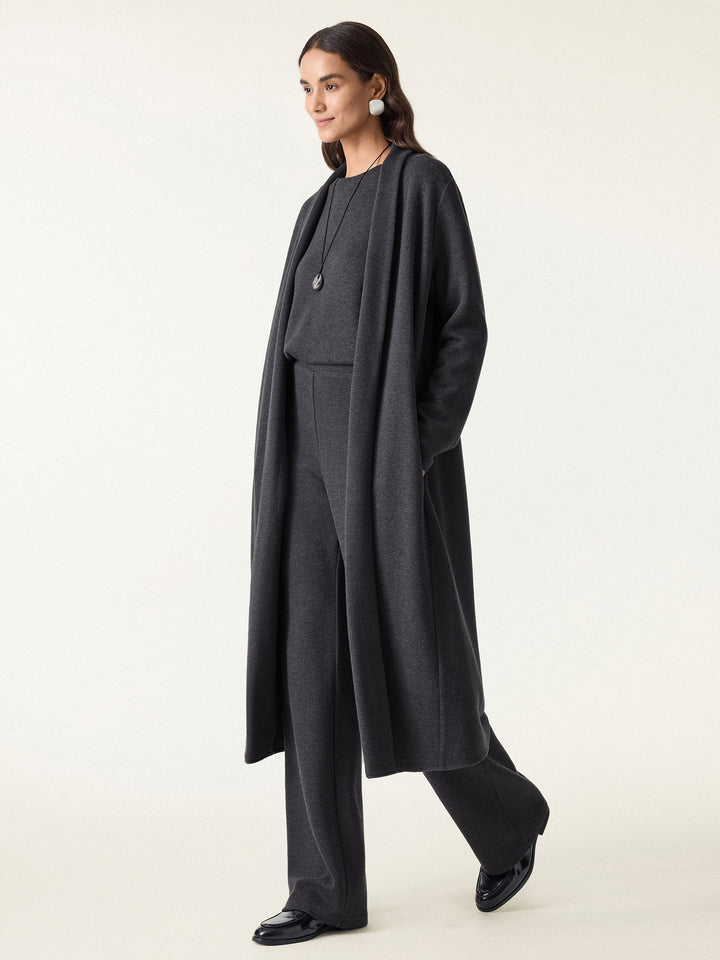 3Pcs Set Long Sleeve Midi Cardigan with Pockets & Boatneck Long Sleeve Top & Wide-Leg Pants with Pockets