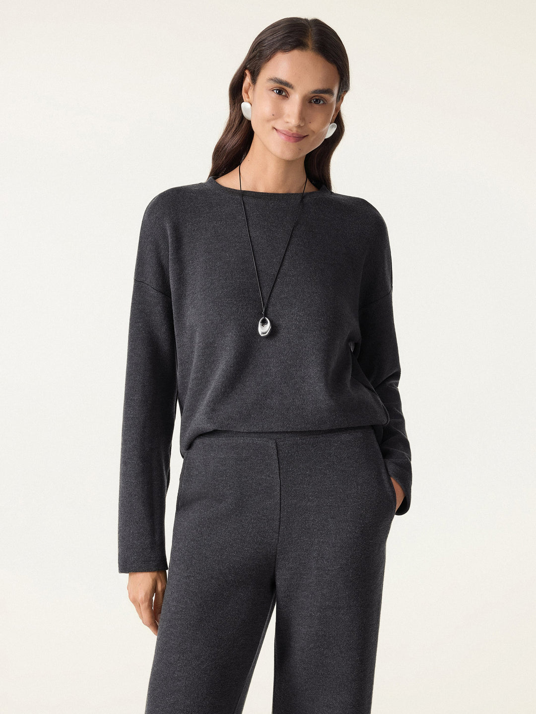 2Pcs Set Crew Neck Long Sleeve Top & Mid Rise Straight Leg Pants with Pockets