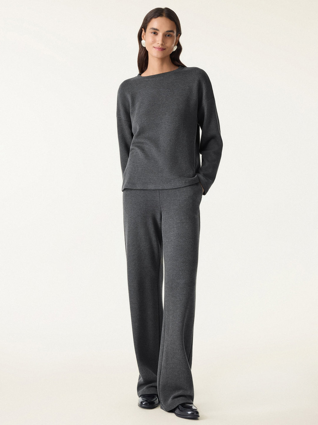 2Pcs Set Crew Neck Long Sleeve Top & Mid Rise Straight Leg Pants with Pockets — women's women > bundles&sets > bundles, front view