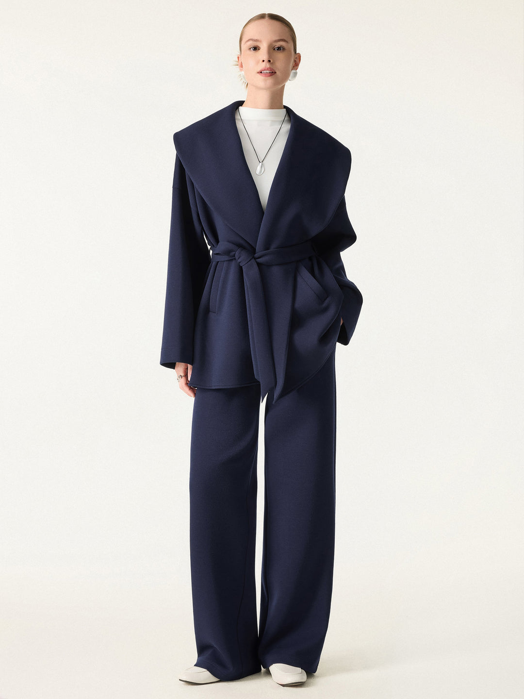 2Pcs Set Belted Shawl Collar Robe Jacket & Mid Rise Straight Pants with Pockets