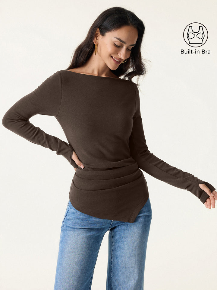ProWarm Boatneck Side Tucks Asymmetrical Built-In Bra Top 2.0