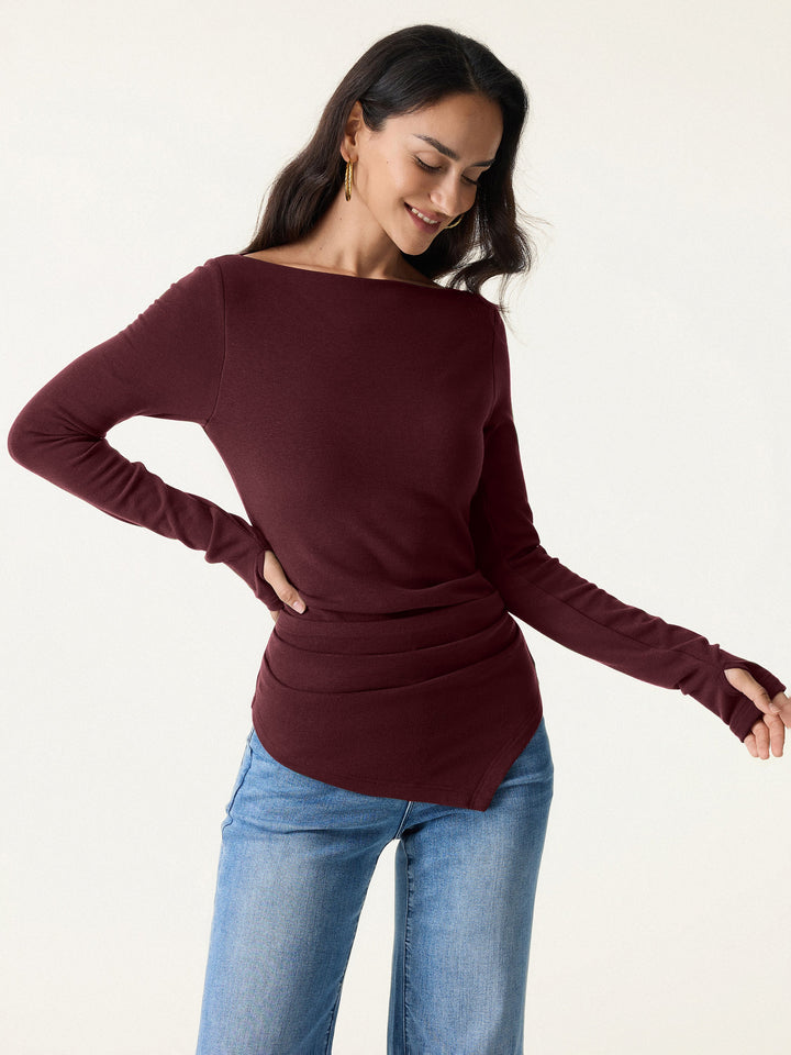 ProWarm Boatneck Side Tucks Asymmetrical Built-In Bra Top 2.0