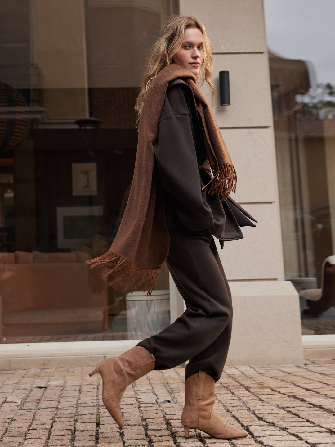 2Pcs Set Belted Shawl Collar Robe Jacket & Mid Rise Straight Pants with Pockets