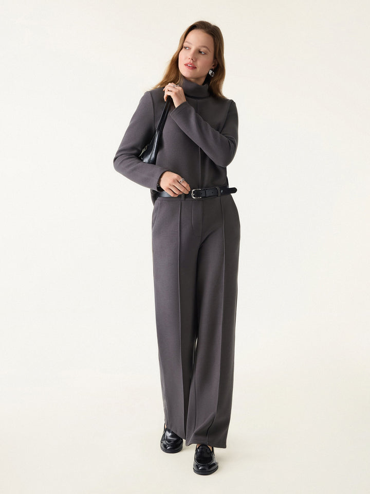 2Pcs Set FuzzLuxe Turtleneck Top & Regular High Waisted Straight Leg Pull On Pant