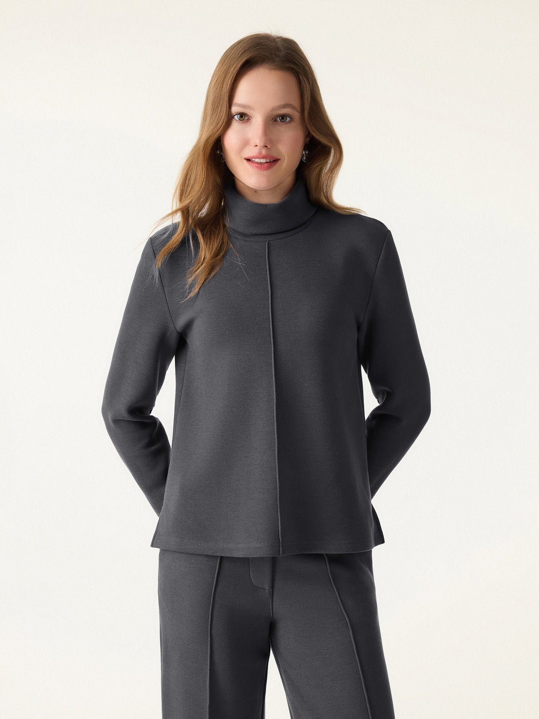 2Pcs Set FuzzLuxe Turtleneck Top & Regular High Waisted Straight Leg Pull On Pant