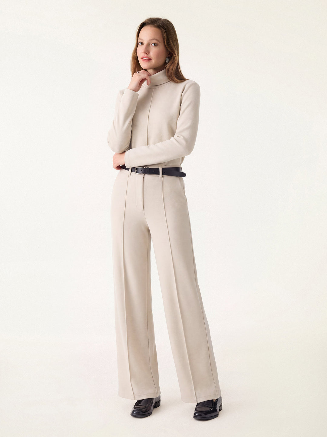 2Pcs Set FuzzLuxe Turtleneck Top & Regular High Waisted Straight Leg Pull On Pant