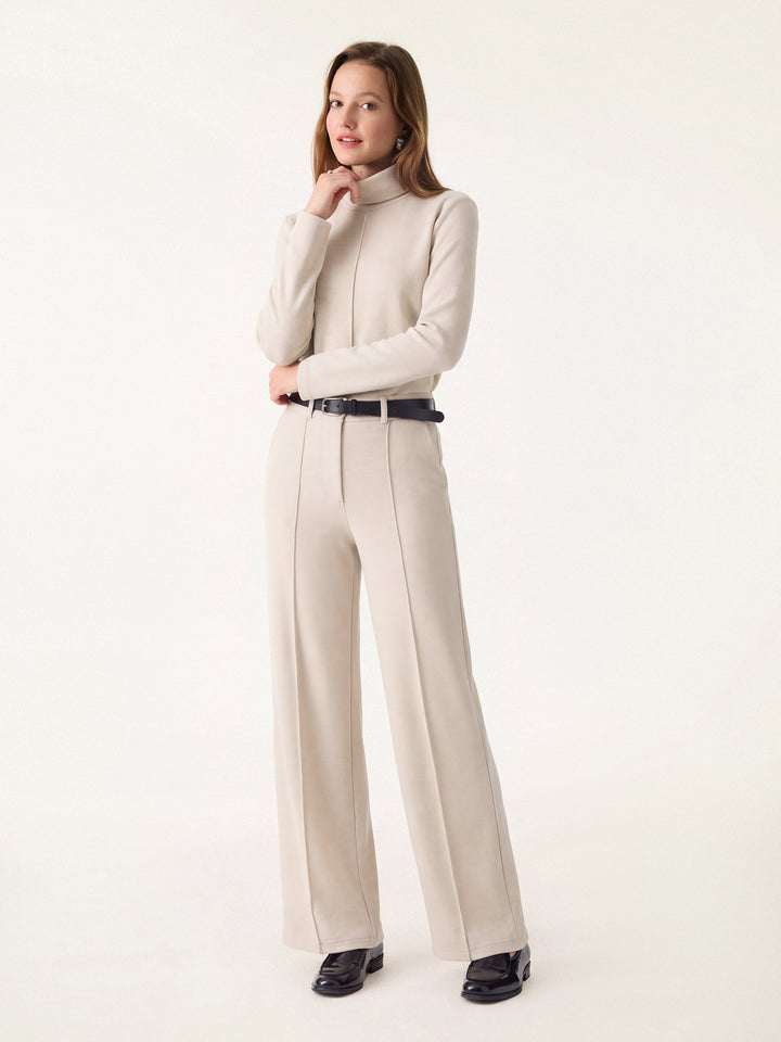 2Pcs Set FuzzLuxe Turtleneck Top & Regular High Waisted Straight Leg Pull On Pant