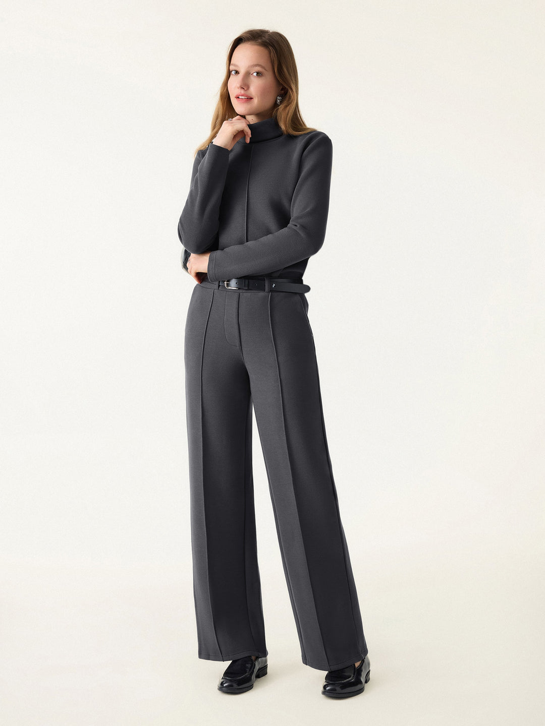 2Pcs Set FuzzLuxe Turtleneck Top & Regular High Waisted Straight Leg Pull On Pant — women's women > bundles&sets > bundles, front view