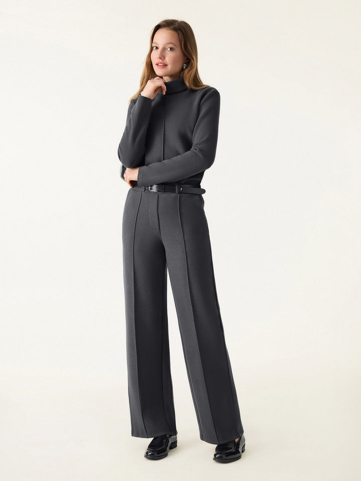 2Pcs Set FuzzLuxe Turtleneck Top & Regular High Waisted Straight Leg Pull On Pant