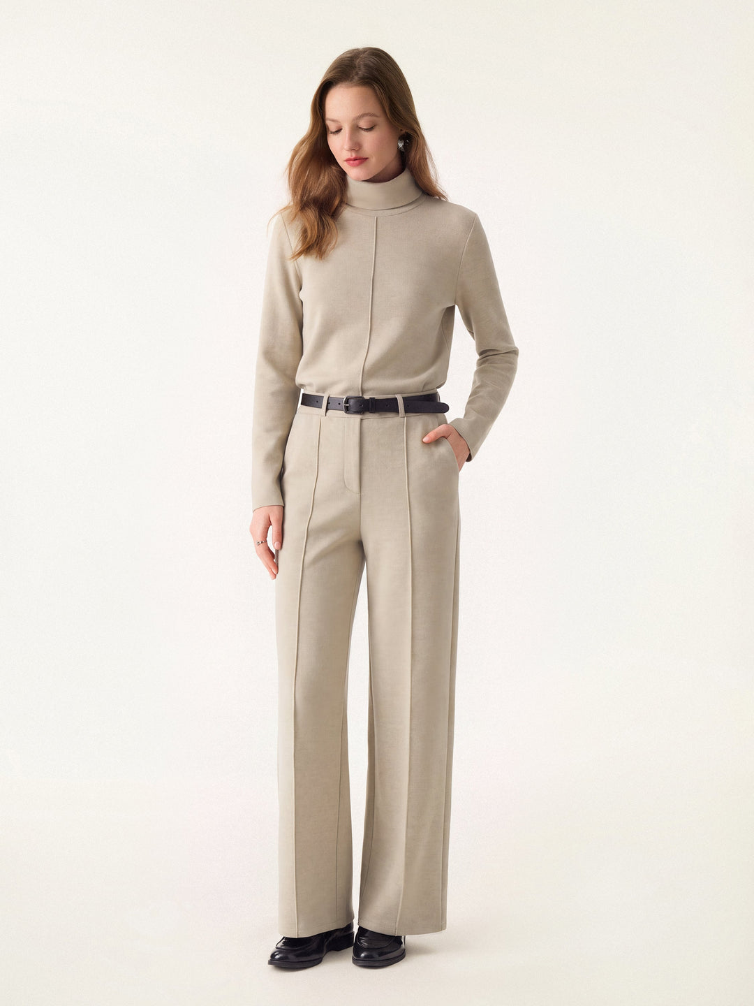 2Pcs Set FuzzLuxe Turtleneck Top & Regular High Waisted Straight Leg Pull On Pant
