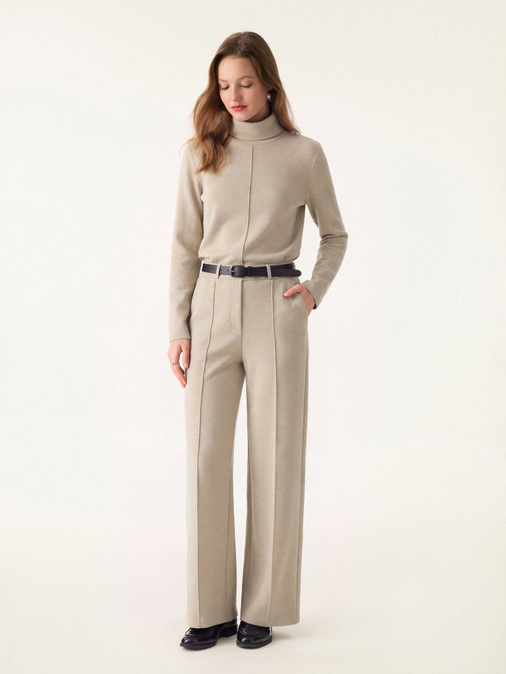 2Pcs Set FuzzLuxe Turtleneck Top & Regular High Waisted Straight Leg Pull On Pant