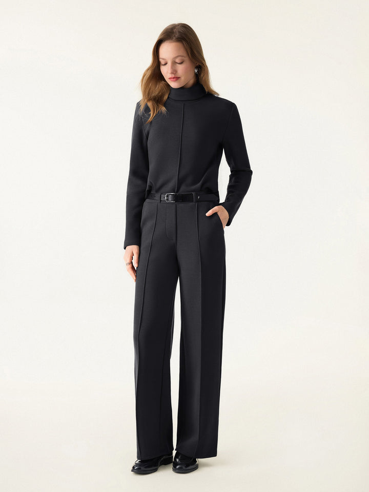 2Pcs Set FuzzLuxe Turtleneck Top & Regular High Waisted Straight Leg Pull On Pant