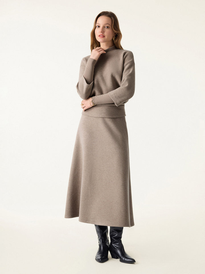 2Pcs Set FuzzLuxe Mockneck Sleeve-Warmer Top &  Midi A-line Circle Skirt