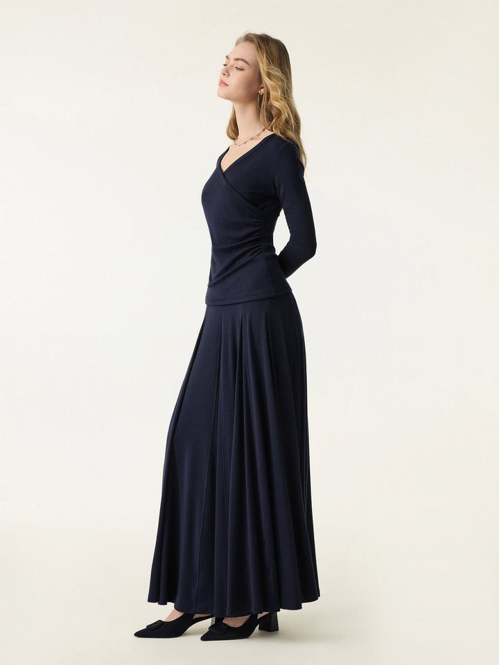 2Pcs Set LiteWarm Surplice Ruched Long Sleeve & Godet Hem Pull-on Maxi Skirt