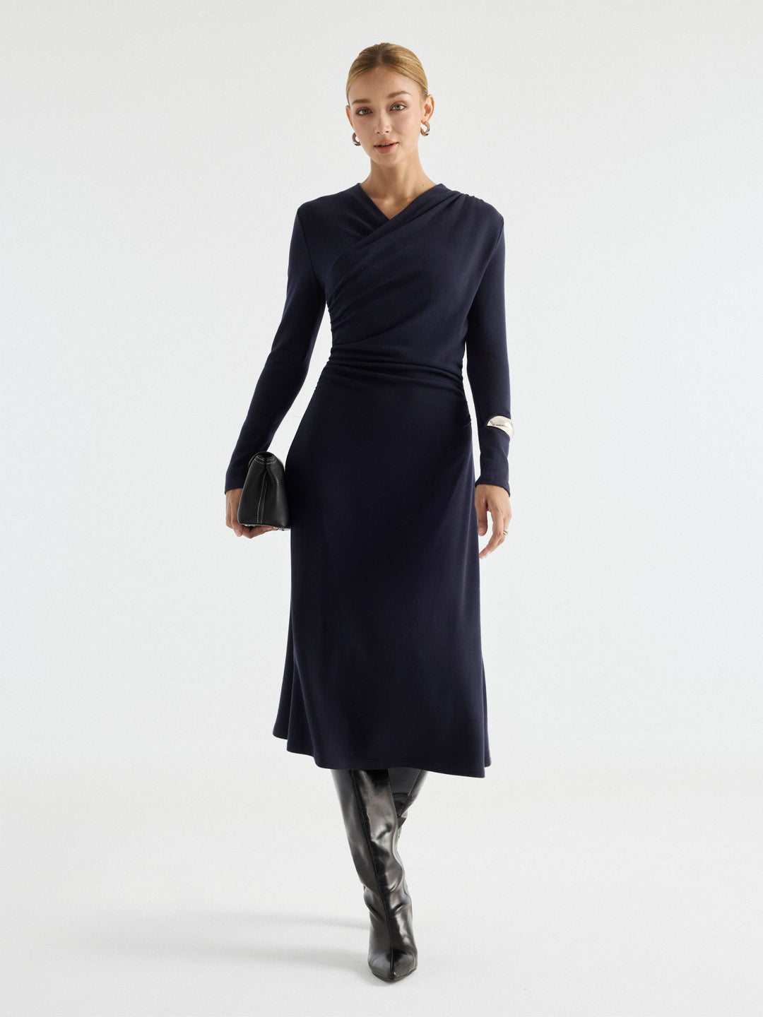 ProWarm Crossover Wrap Neck Long Sleeve Ruched Midi Dress