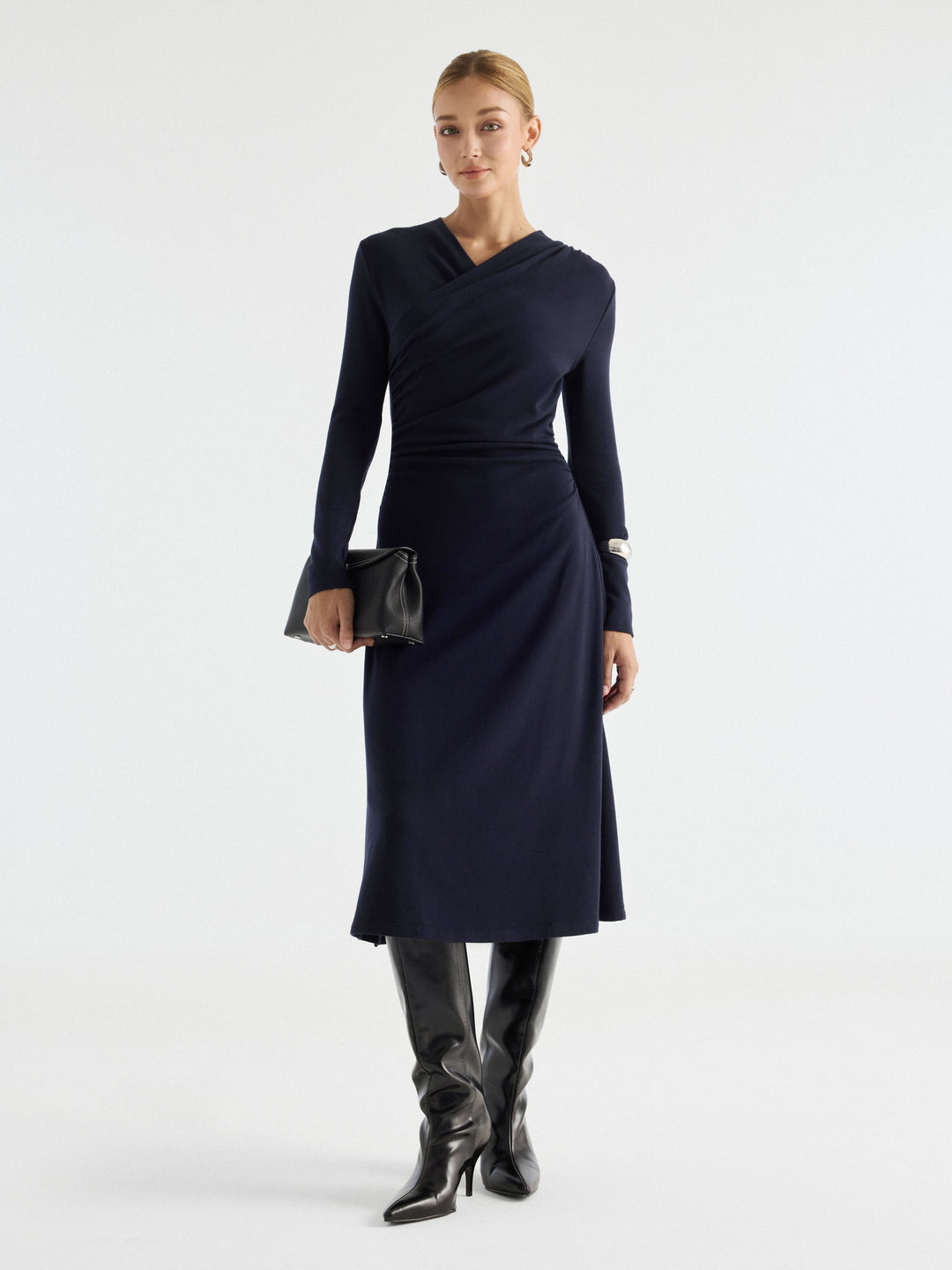 ProWarm Crossover Wrap Neck Long Sleeve Ruched Midi Dress