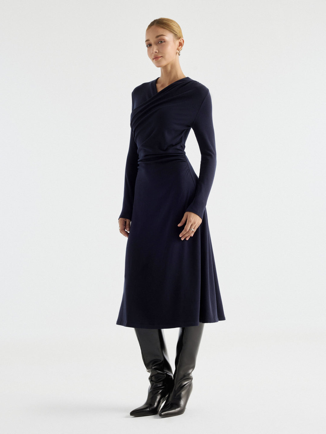 ProWarm Crossover Wrap Neck Long Sleeve Ruched Midi Dress