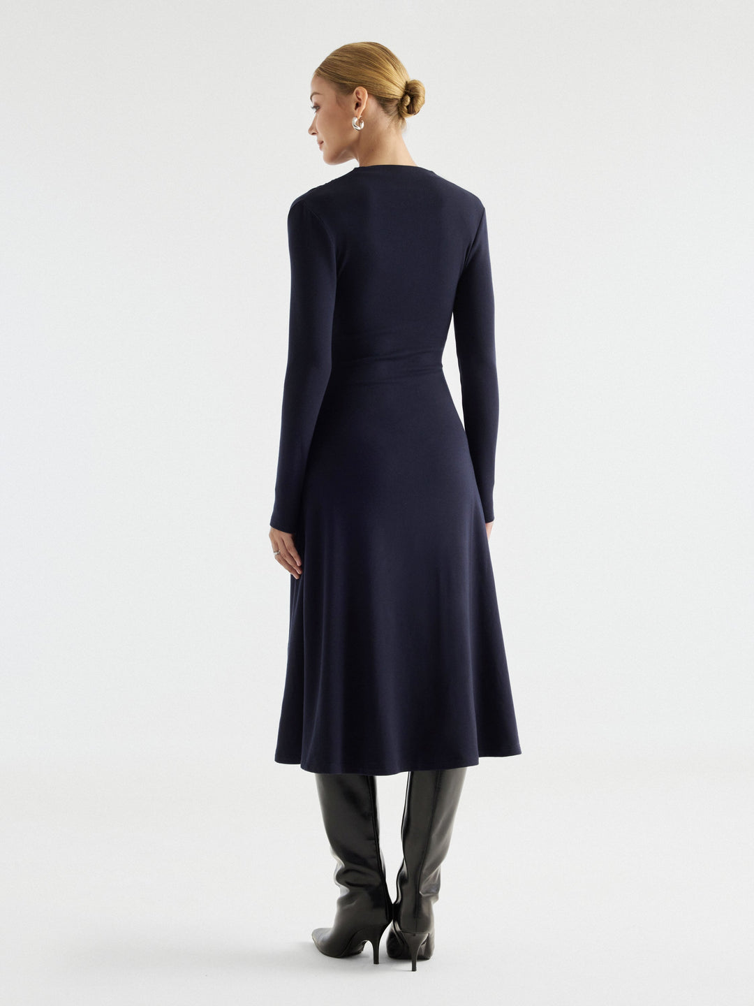 ProWarm Crossover Wrap Neck Long Sleeve Ruched Midi Dress