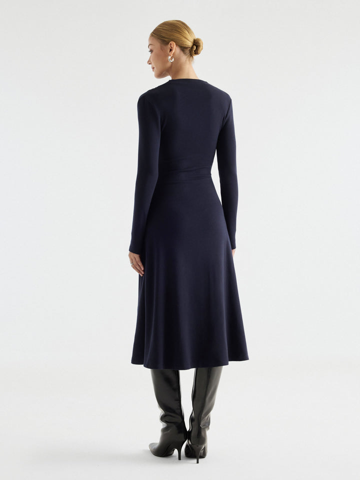 ProWarm Crossover Wrap Neck Long Sleeve Ruched Midi Dress