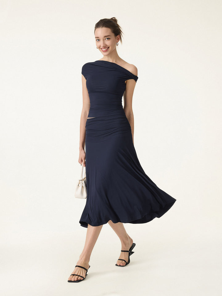 2Pcs Set Multi-wear Built-In Bra Top 2.0 & Side Ruched A-line Midi Skirt