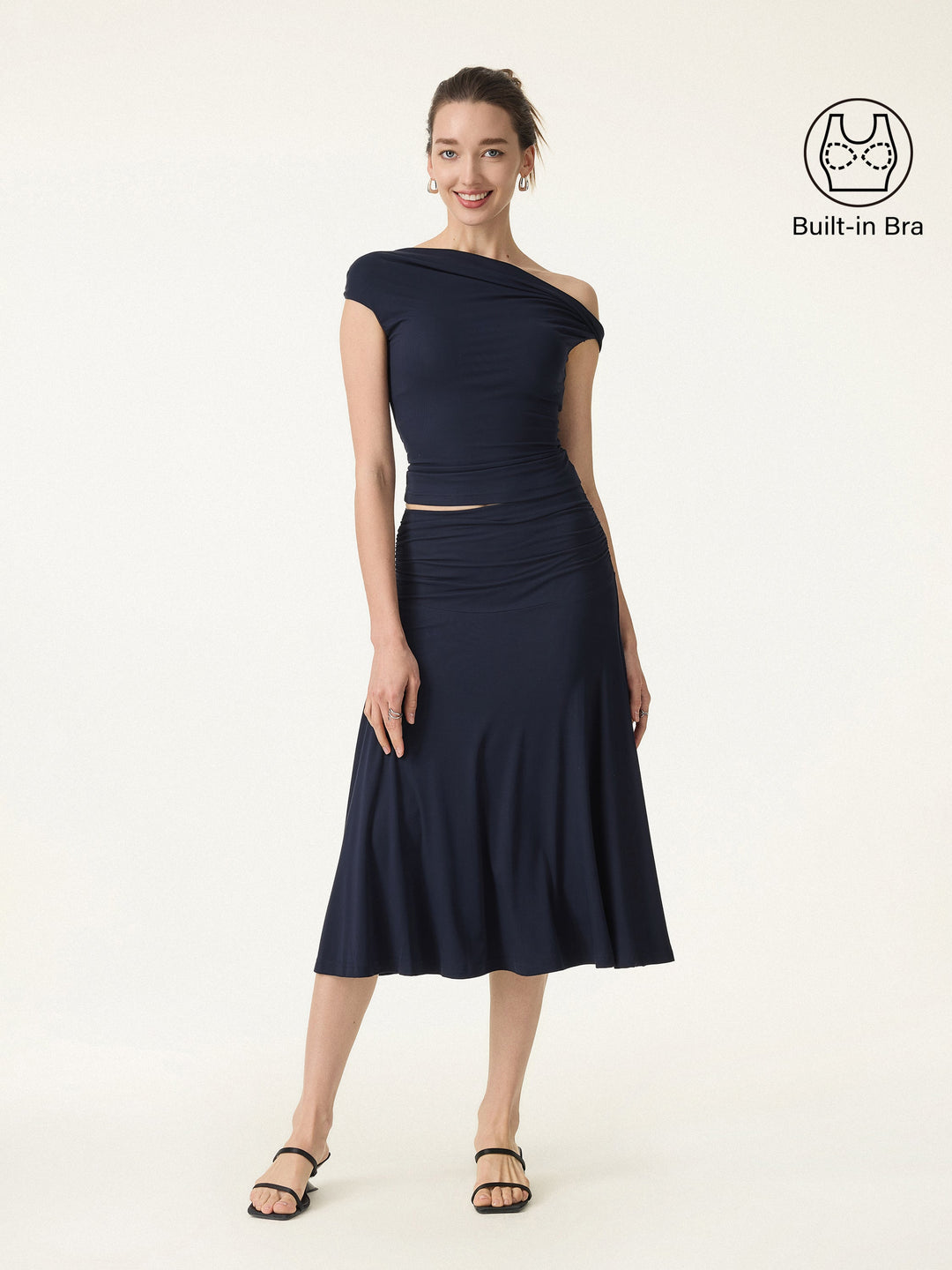 2Pcs Set Multi-wear Built-In Bra Top 2.0 & Side Ruched A-line Midi Skirt