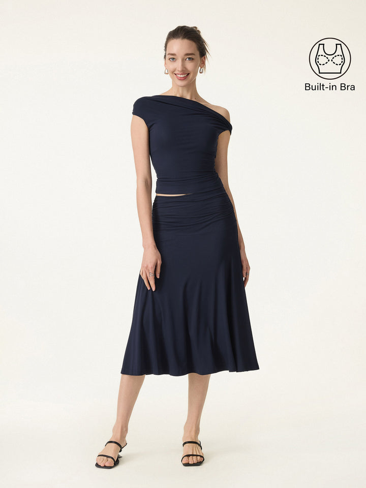 2Pcs Set Multi-wear Built-In Bra Top 2.0 & Side Ruched A-line Midi Skirt