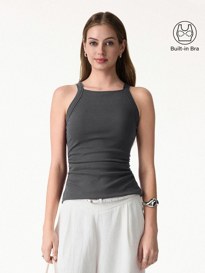 Plantive Chic Square Neck Ruched Rib Built-In Bra Tank 2.0