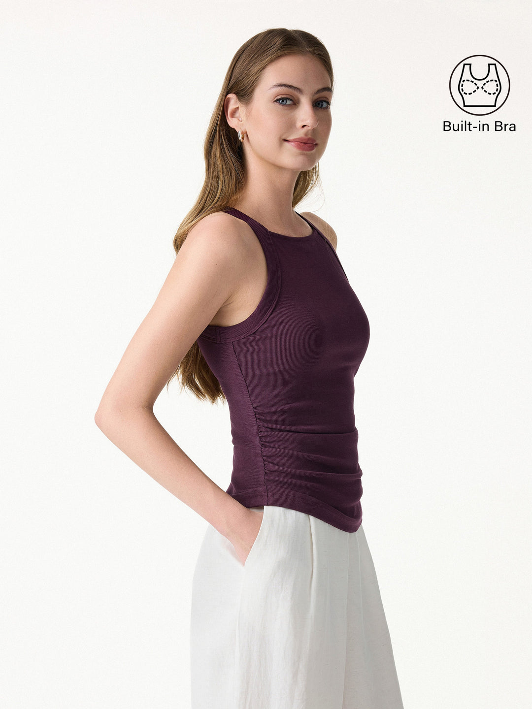 Plantive Chic Square Neck Ruched Rib Built-In Bra Tank 2.0
