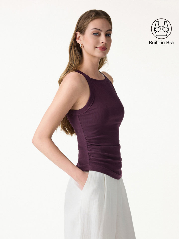 Plantive Chic Square Neck Ruched Rib Built-In Bra Tank 2.0