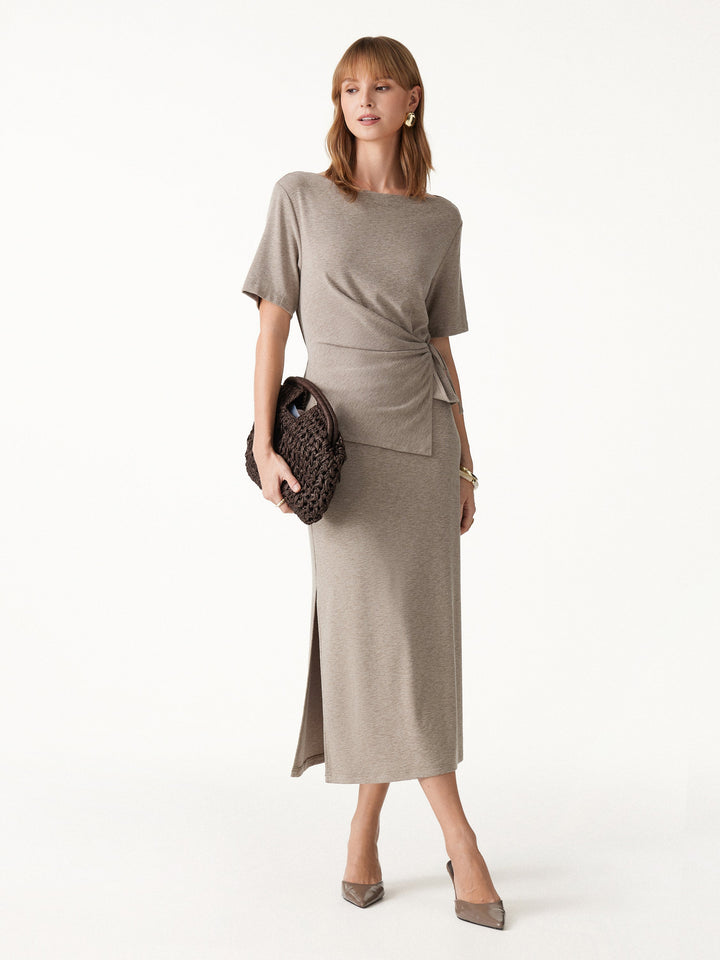 2Pcs Set LiteWarm Short Sleeve Tie-Side Top & Side-Slit A-Line Midi Skirt