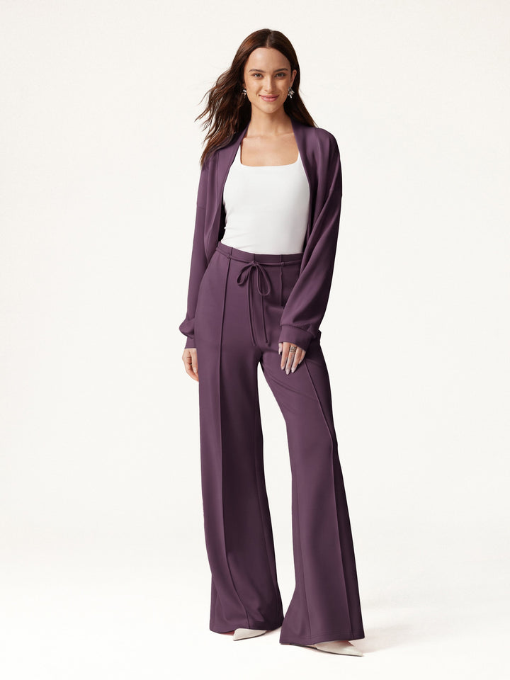 2Pcs Set Long Sleeve Drop-Shoulder Cardigan & High-Rise Flare Pants with Pockets