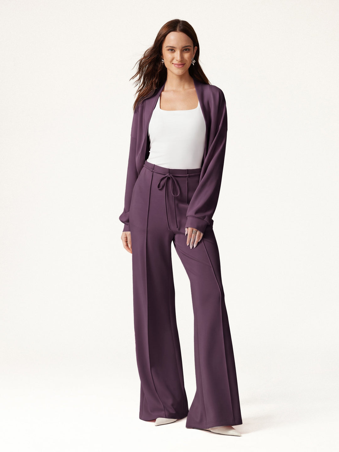 2Pcs Set Long Sleeve Drop-Shoulder Cardigan & High-Rise Flare Pants with Pockets