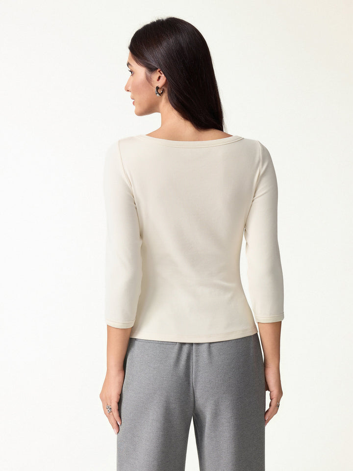 Plantive® Boatneck 3/4 Sleeve Built-In Bra Top 2.0