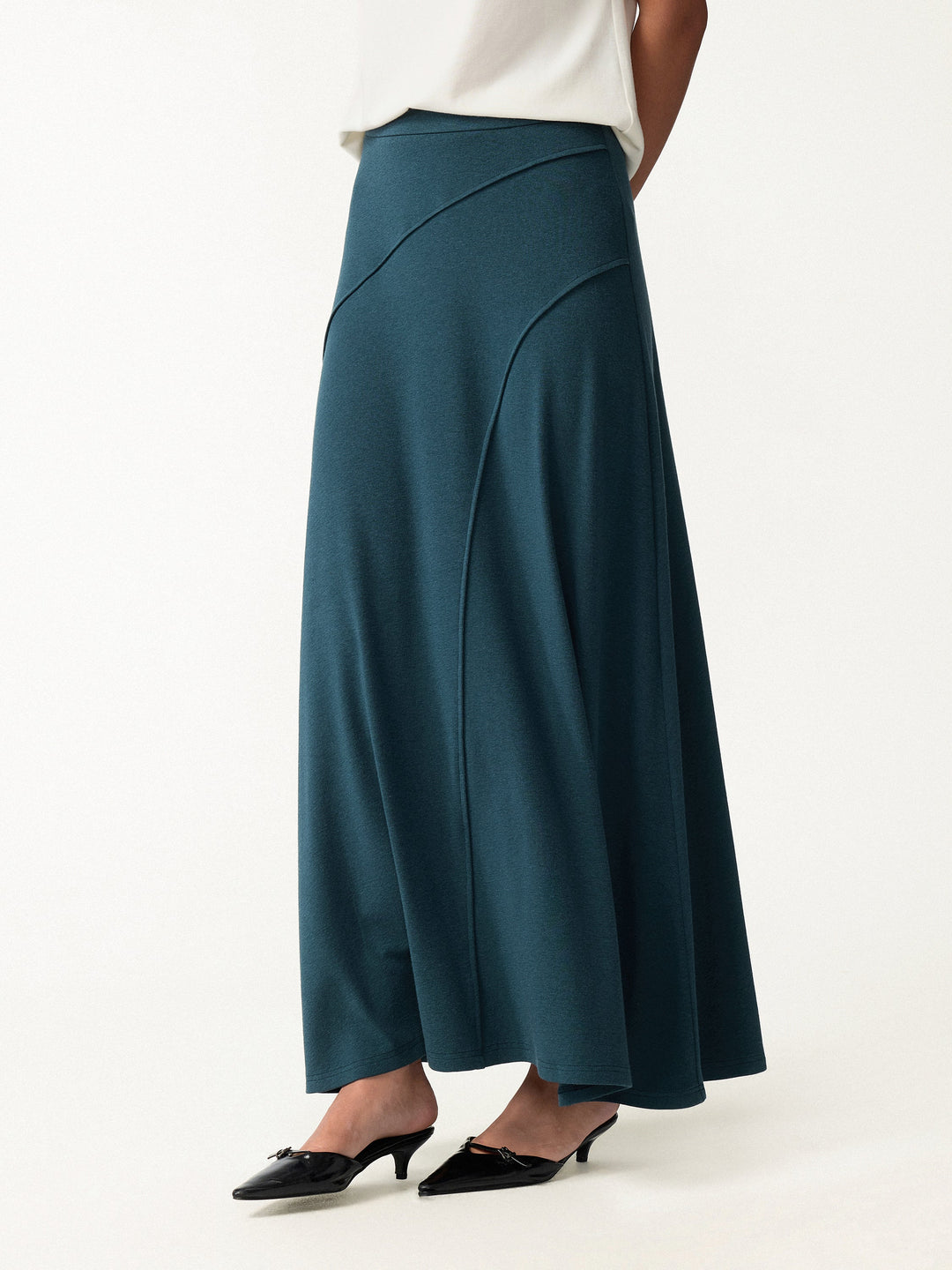 2Pcs Set LiteWarm Asymmetrical Neck Top & Drapey A-Line Midi Skirt