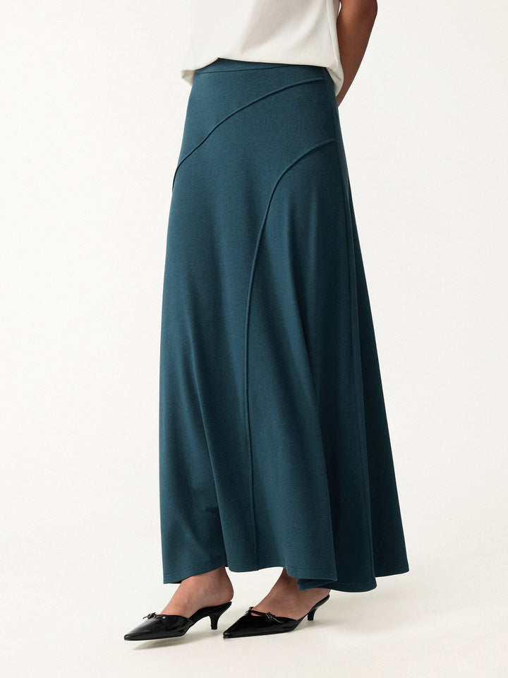 2Pcs Set LiteWarm Asymmetrical Neck Top & Drapey A-Line Midi Skirt