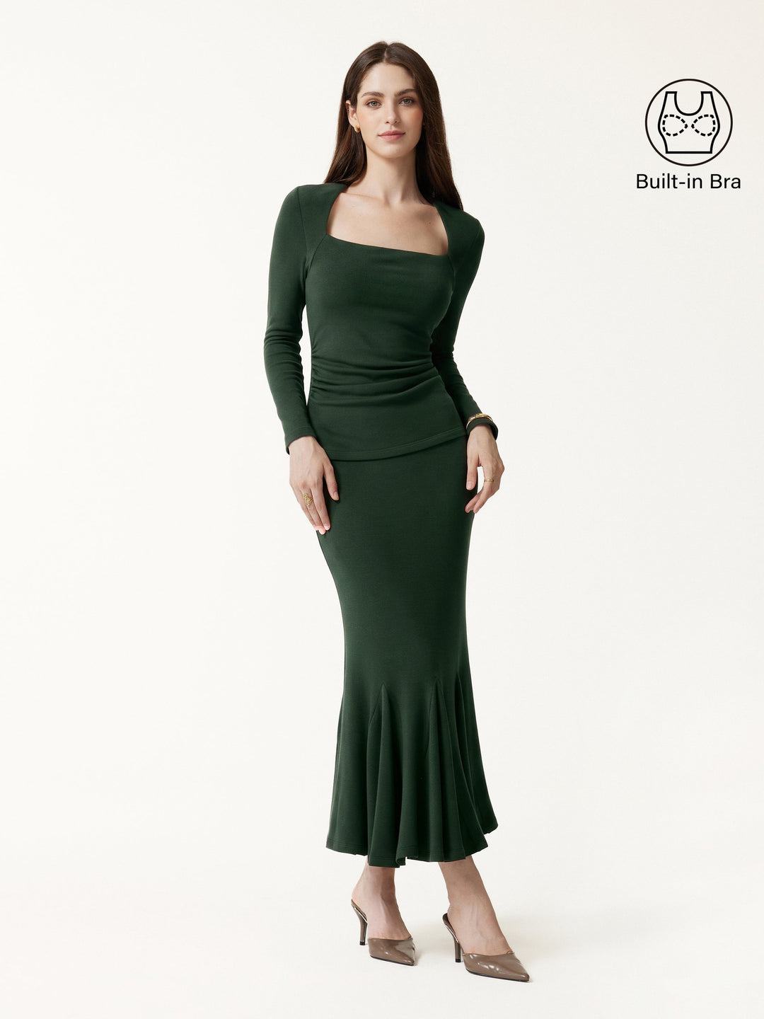 2Pcs Set ProWarm Trapeze Neck Ruched Built-In Bra Top 2.0 & High-Rise Mermaid Midi Skirt
