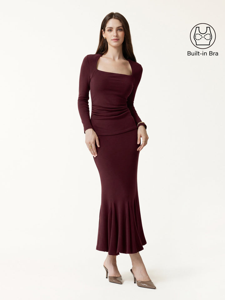 2Pcs Set ProWarm Trapeze Neck Ruched Built-In Bra Top 2.0 & High-Rise Mermaid Midi Skirt