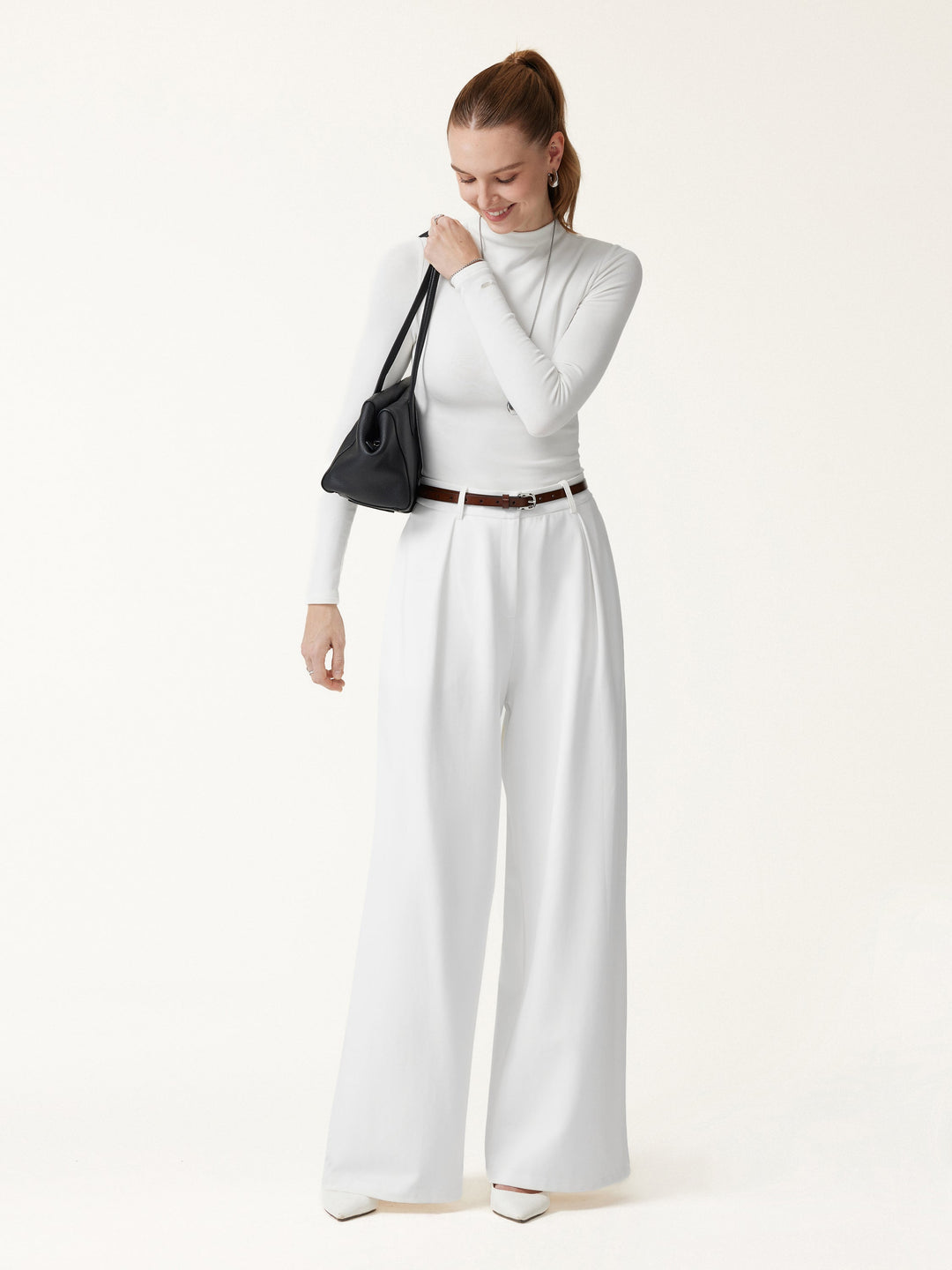 Not-See-Thru High-Rise Wide-Leg Pants with Pockets