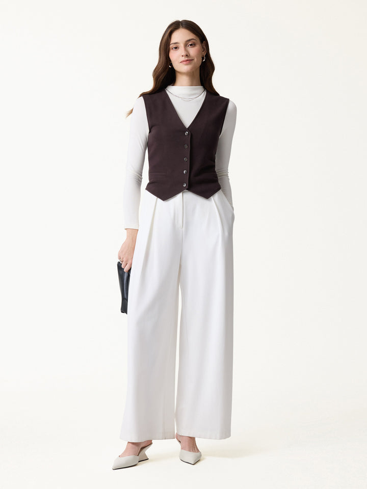 Petite-Friendly V-Neck Sleeveless Button-Down Cropped Vest