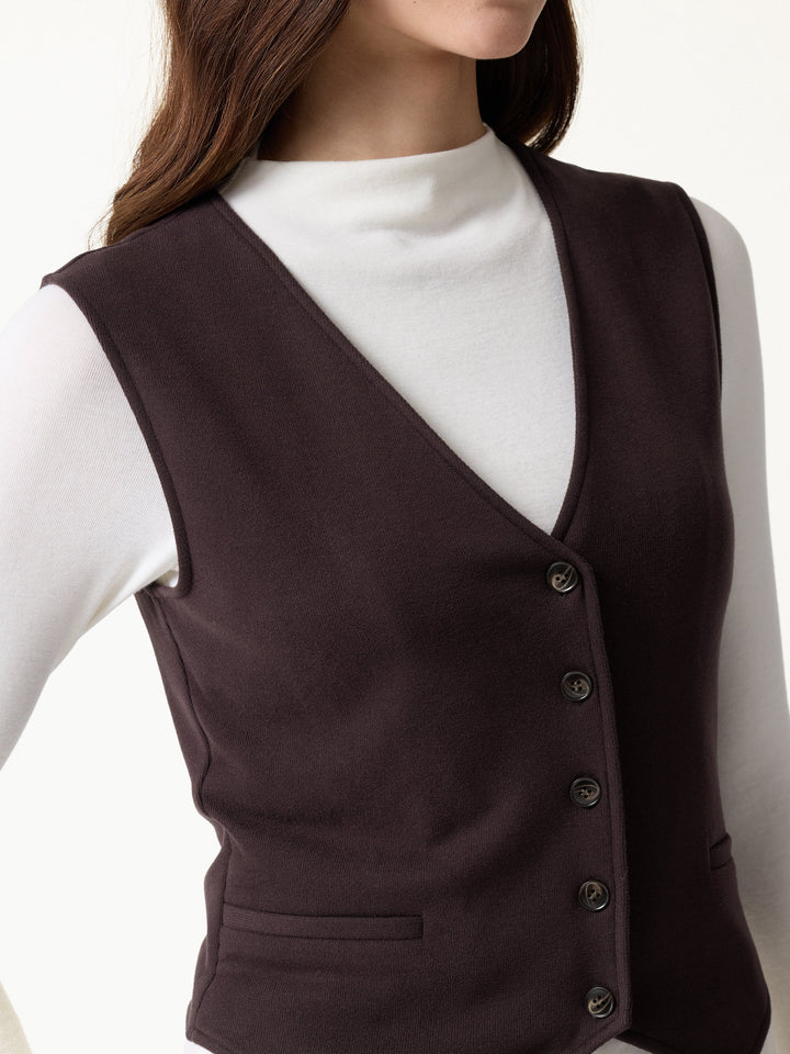 Petite-Friendly V-Neck Sleeveless Button-Down Cropped Vest