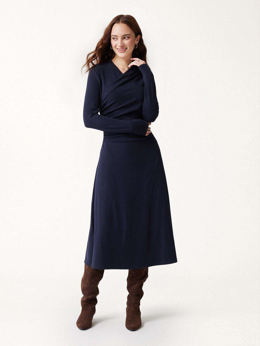 ProWarm Crossover Wrap Neck Long Sleeve Midi Dress