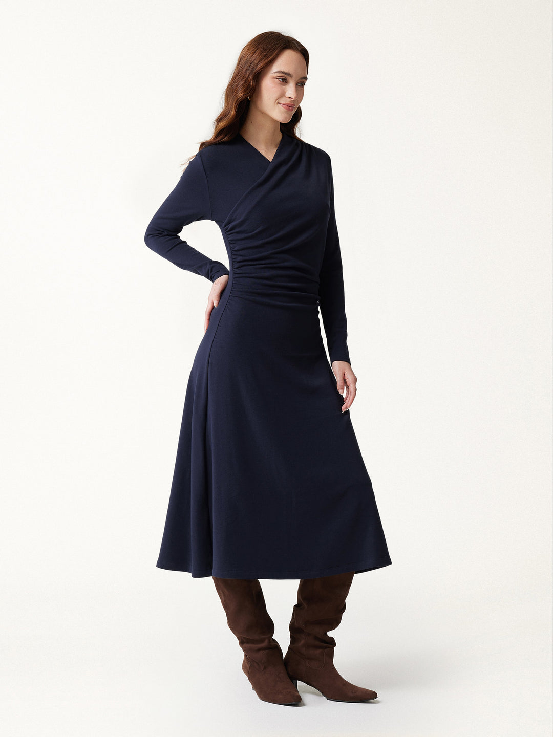 ProWarm Crossover Wrap Neck Long Sleeve Midi Dress
